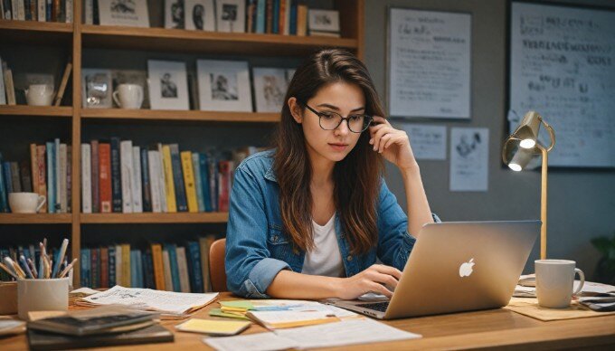 A person analyzing social media analytics on a laptop in a cozy workspace.