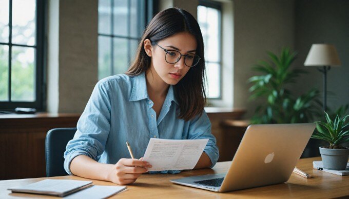 A marketing professional analyzing social media ad performance on a laptop in a stylish workspace.