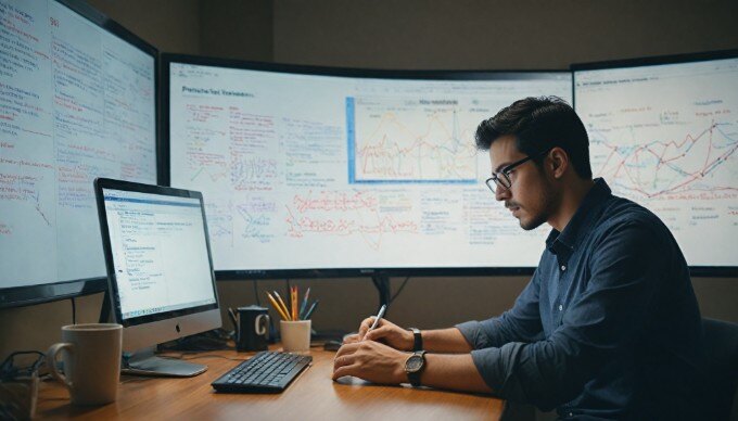 A focused professional analyzing title tags on a computer screen with charts.