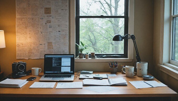 A casual office scene where a person is analyzing website traffic data related to link building on a computer screen.