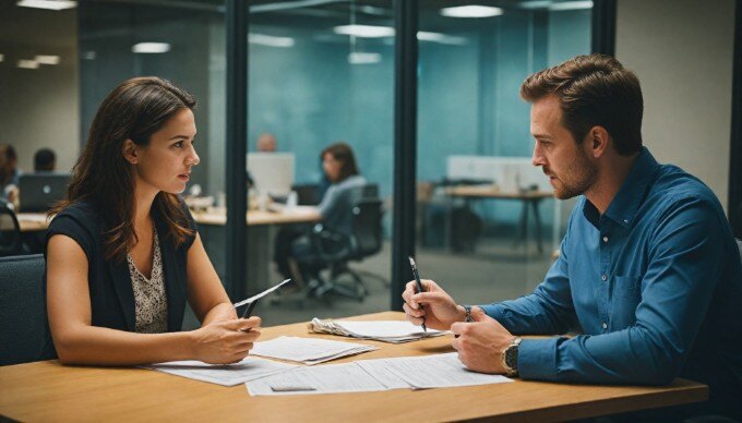 A professional setting where two people are discussing anchor text strategies over a laptop, with documents and coffee cups on the table.