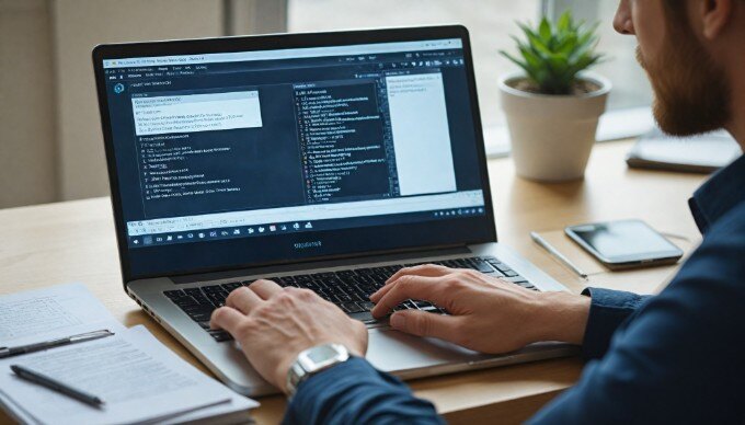 A close-up of a computer screen displaying anchor text examples with a person analyzing data in a bright workspace.