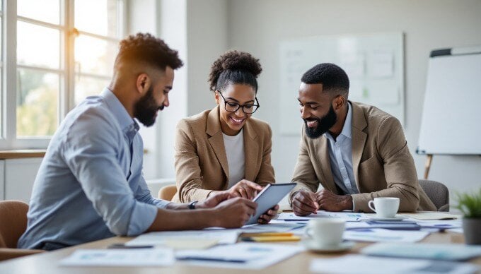 A business meeting with a team reviewing B2B client strategies.