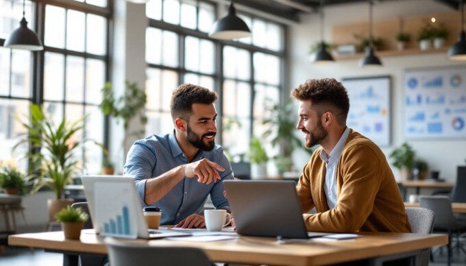 A team collaborating on a marketing strategy in a bright office environment.