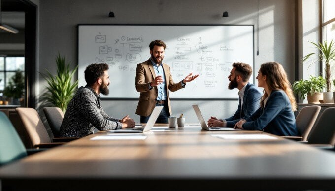 An engaging B2B marketing meeting with diverse professionals brainstorming ideas at a conference table.