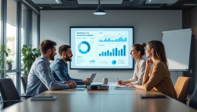 An office environment where a team is analyzing marketing data on a screen during a meeting.