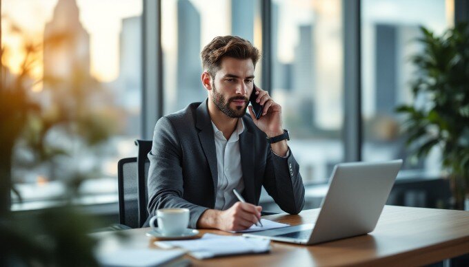 A person making a cold call in a vibrant office environment.