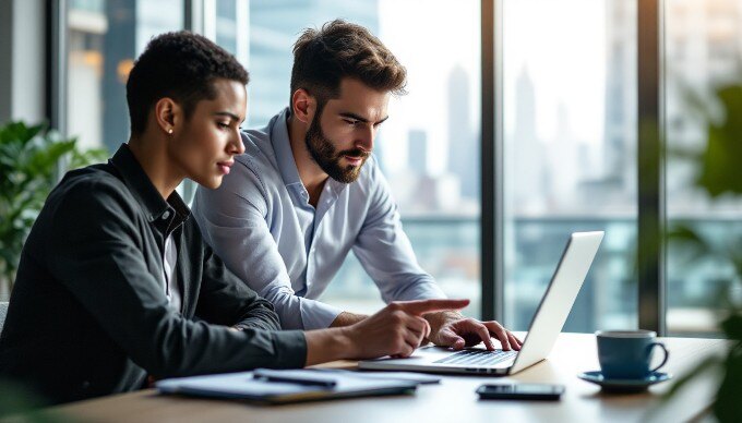 A professional setting with two individuals engaged in a business discussion over a laptop.