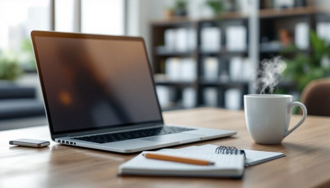 A close-up of a well-organized desk with a laptop, notepad, and a coffee cup, reflecting a B2B public relations workspace.