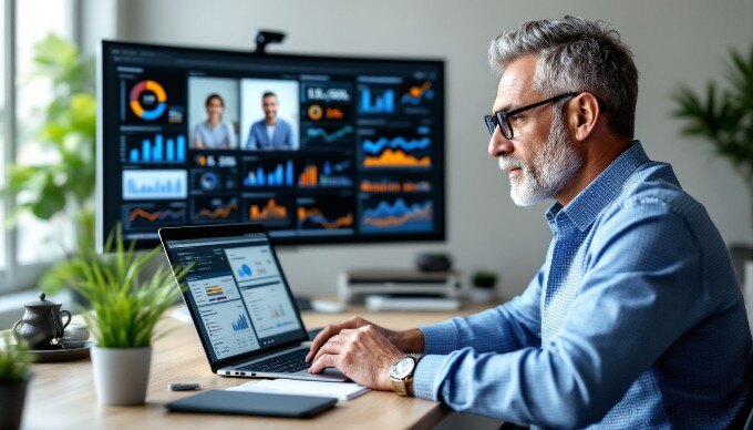 A B2B sales professional conducting a video call with a client, surrounded by charts and data on the screen.