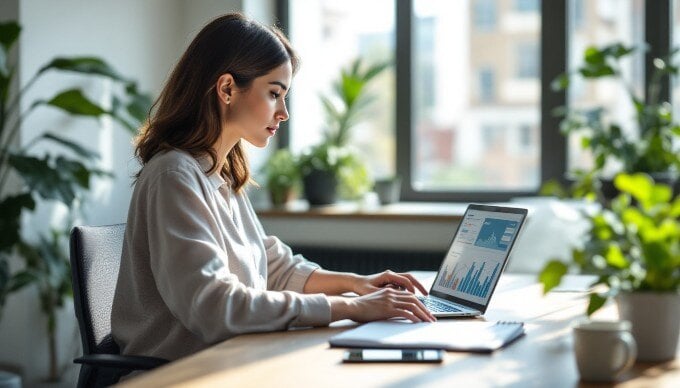 A business professional analyzing data on a laptop while preparing for a client meeting.