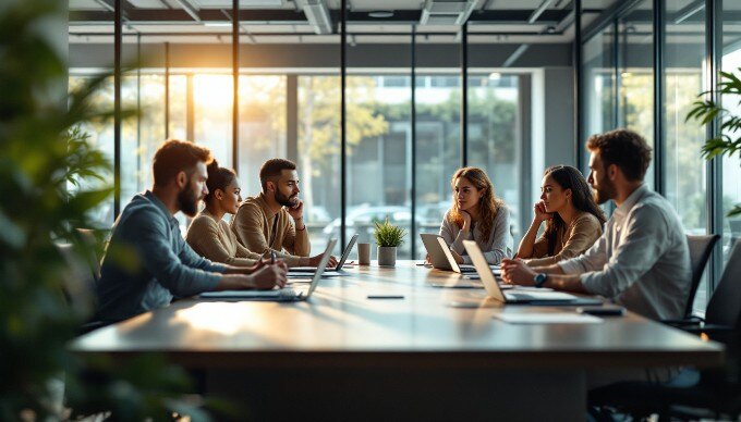 A focused business meeting with a diverse group discussing strategies around a conference table.