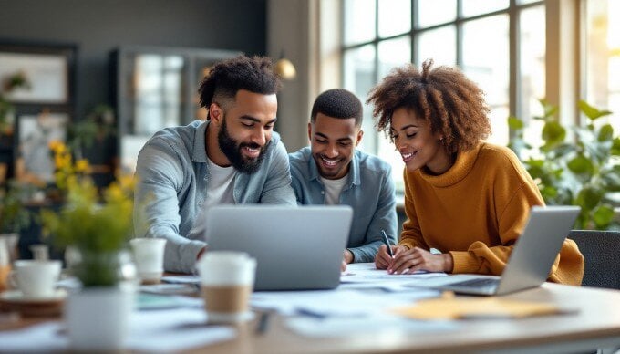 A diverse team collaborating on a project in a modern office space, with laptops and documents spread out on the table.