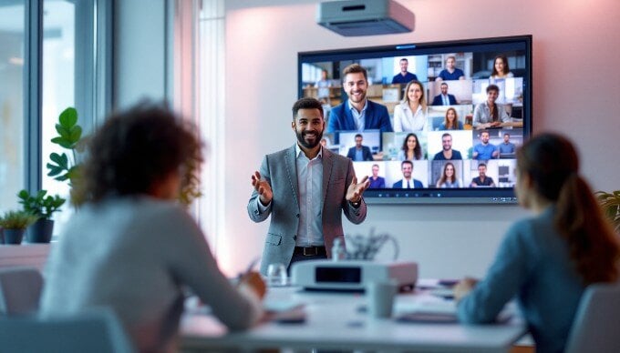 An engaging webinar session with a speaker presenting to a virtual audience on a large screen.