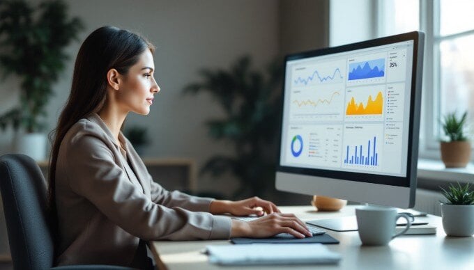 A business professional analyzing website analytics on a computer screen.