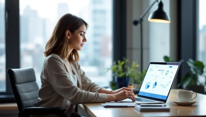 A business professional analyzing website analytics on a laptop in a sleek office environment.