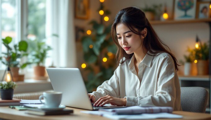 A young woman analyzing B2C marketing data on a laptop in a cozy workspace.