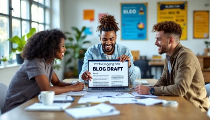 A group of bloggers discussing strategies in a collaborative workspace, showcasing teamwork in content creation.