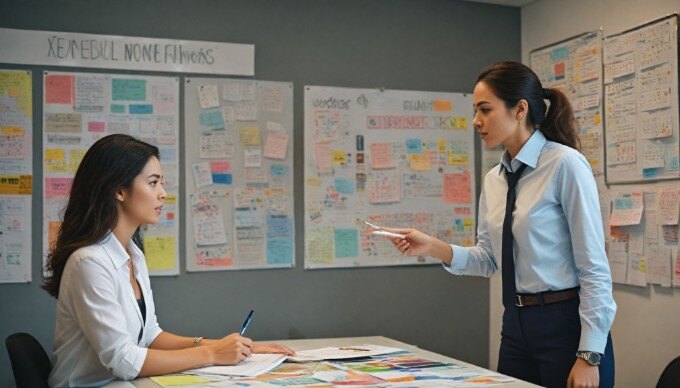 A businesswoman and businessman brainstorming in a stylish office, surrounded by colorful charts and a whiteboard.