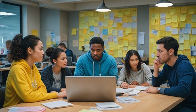 A group of diverse colleagues brainstorming ideas with sticky notes in a vibrant office environment.