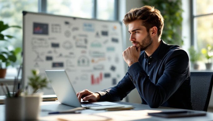 An individual brainstorming ideas for content creation in a bright office space, surrounded by notes and a laptop.