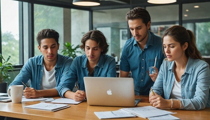 A diverse group of professionals brainstorming ideas at a modern office desk with laptops and notebooks.