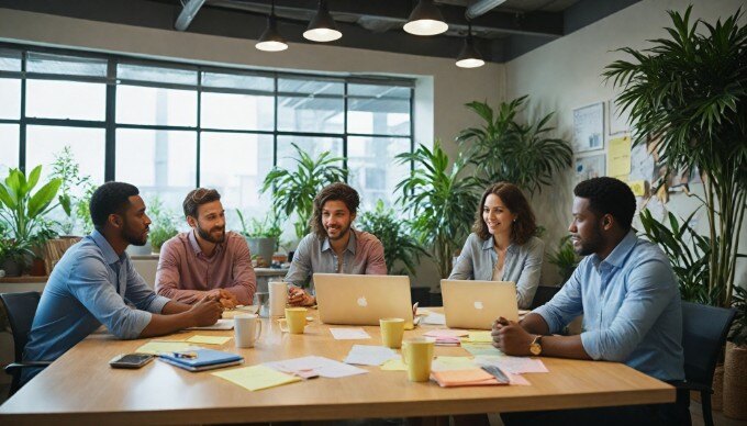 A team of business professionals brainstorming in a vibrant office, highlighting teamwork and innovation.