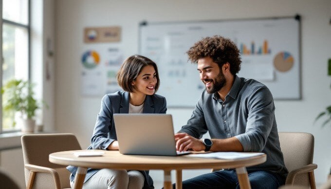 Two business partners discussing strategies over a laptop in a collaborative workspace.