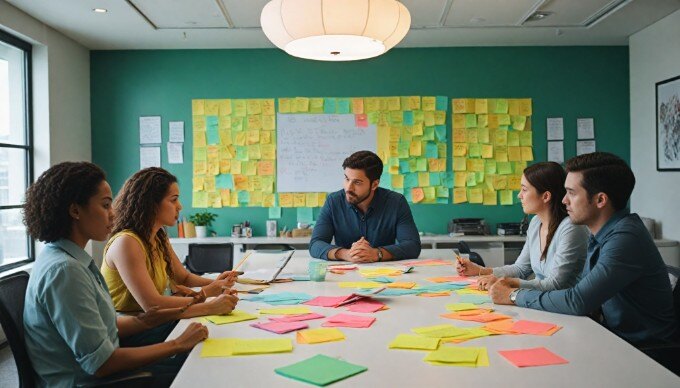 A team of business people brainstorming ideas in a stylish conference room, with colorful sticky notes on the table.