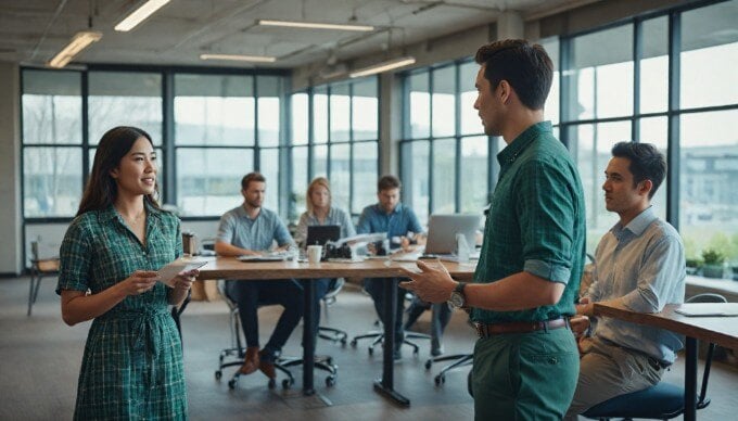 Business team discussing strategies in a modern office with a bright and casual atmosphere, showcasing teamwork and diversity.