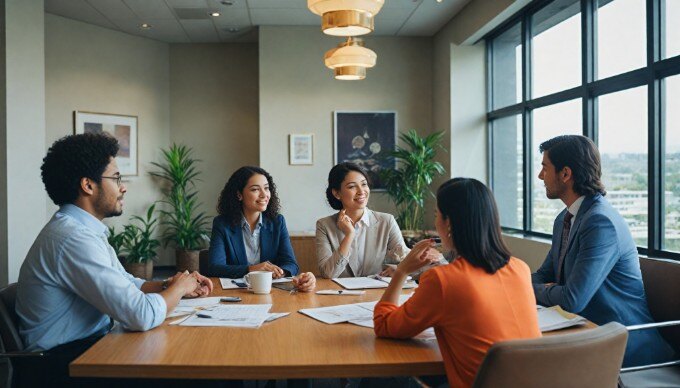 A team of business professionals discussing strategies in a stylish office setting, displaying a mix of colorful and casual outfits.