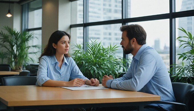 A woman and a man discussing a project in a contemporary office with a bright, open layout.