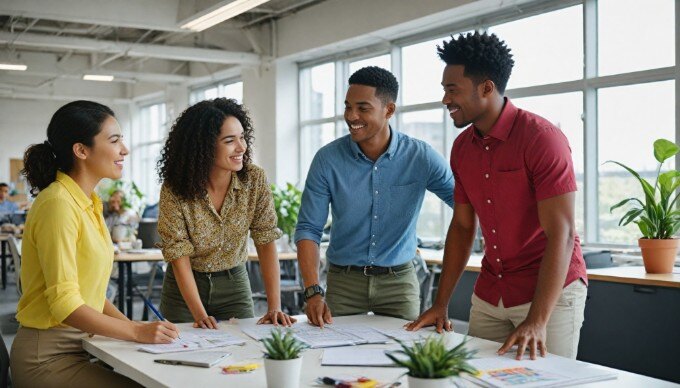 A casual team meeting in a bright office environment with a diverse group of employees brainstorming together.