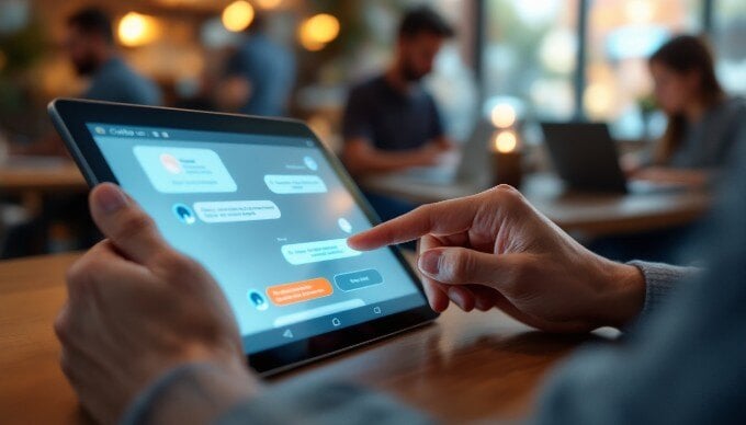 A close-up of a person engaging with a chatbot interface on a tablet, highlighting the interaction of machine learning in natural language processing.