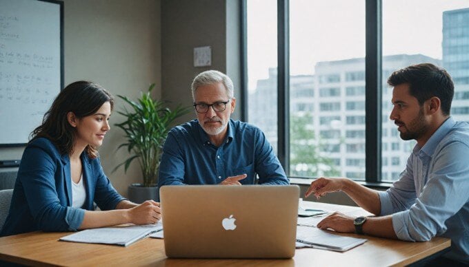 A professional setting showing a diverse group of people collaborating over product descriptions at a modern office table.