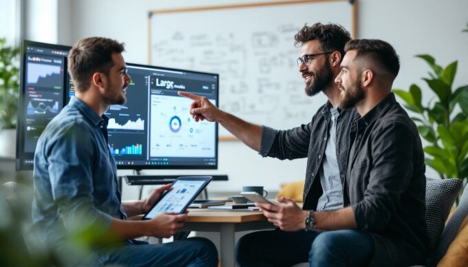 Two colleagues discussing language models in a collaborative workspace.