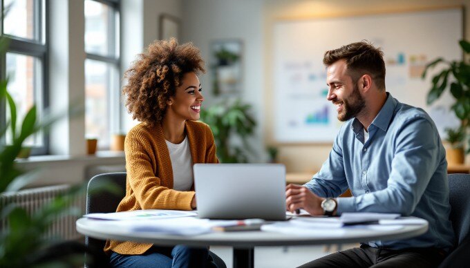 Two colleagues discussing B2B eCommerce strategies in a collaborative workspace.