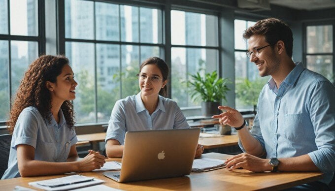 Two colleagues discussing communication strategies in a bright office setting, emphasizing the importance of face-to-face interactions.