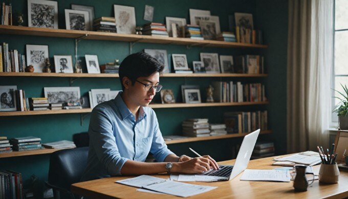An individual conducting a content audit on a laptop in a bright office space.