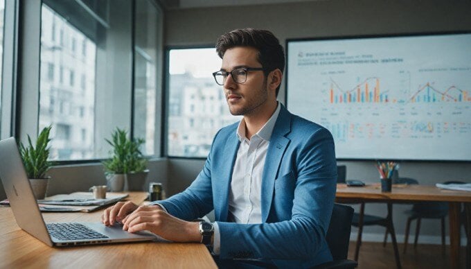 A professional content auditor reviewing website analytics on a laptop in a modern office setting.