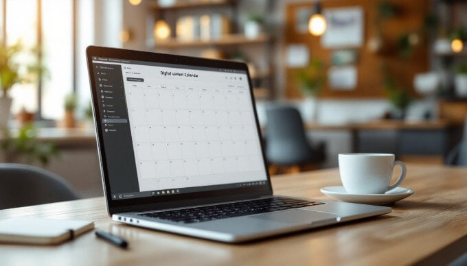 A close-up of a laptop screen displaying a content calendar with various tasks and deadlines.