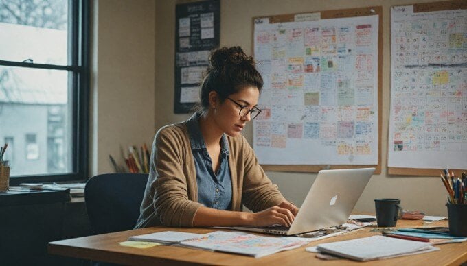 A content calendar displayed on a laptop screen with a person planning content in a creative workspace.