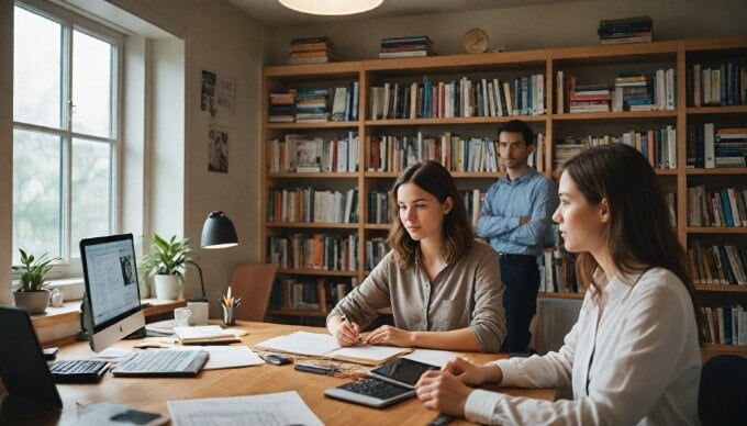 A professional setting with two people collaborating on a content management project at a desk with a computer and notes.