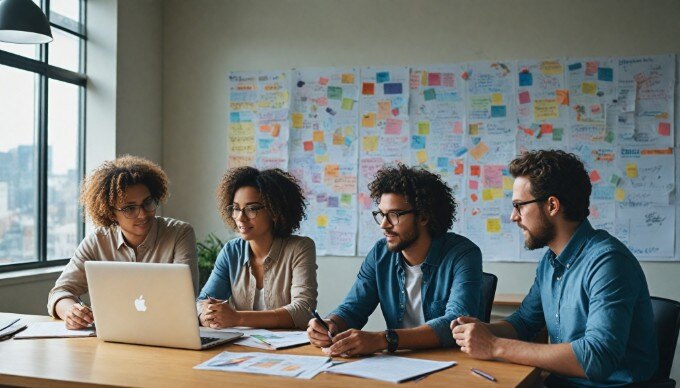 A professional setting with a diverse group of people brainstorming content marketing strategies around a conference table.