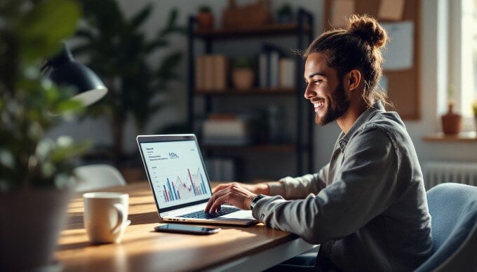 A marketing professional reviewing performance metrics on a laptop in a cozy workspace.