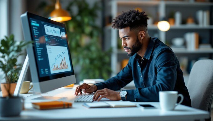 A focused marketer analyzing conversion rates on a computer in a stylish workspace.