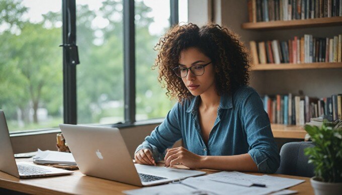 A copywriter working at a desk with a laptop, surrounded by notes and coffee, focused on their task.