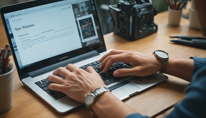 A close-up of a person typing an engaging email subject line on a laptop, surrounded by marketing tools.