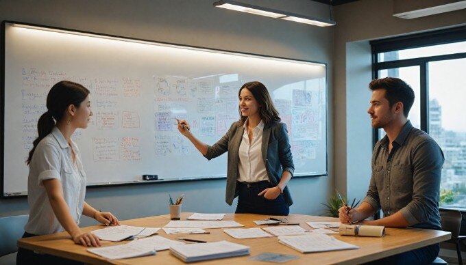 A creative team brainstorming display advertising ideas on a whiteboard in a collaborative workspace.