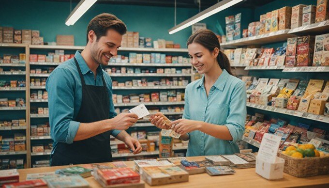 A satisfied customer receiving a loyalty reward at a retail store.